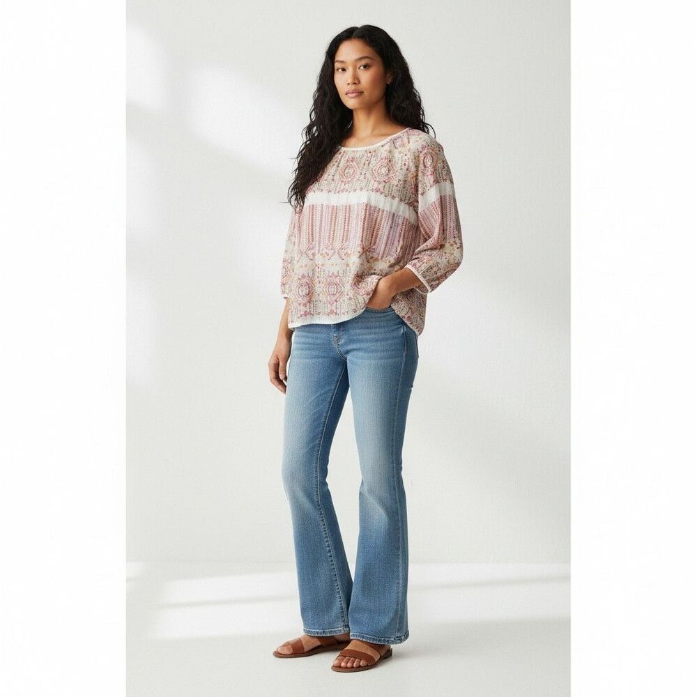 NEW Dylan Maya Cross Stitch Embroidered Blouse Women Medium Pink Red Peasant Top